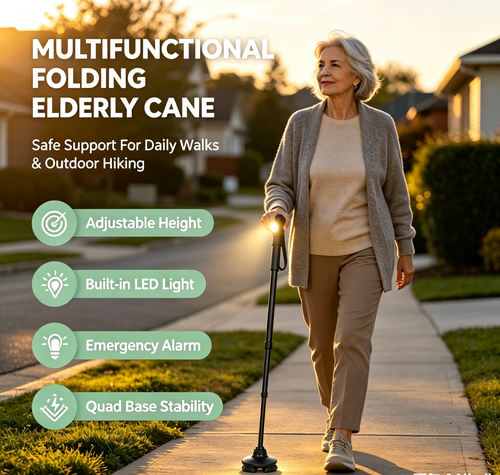 Multifunctional Folding Elderly Cane – Adjustable height, ergonomic grip
