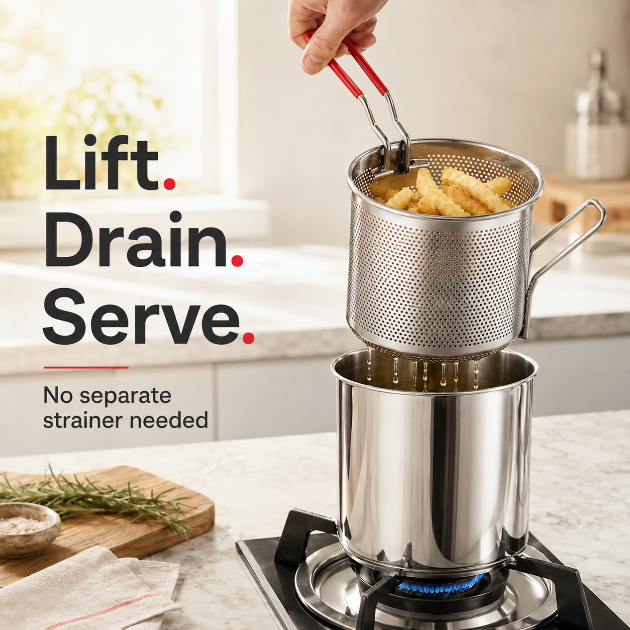 🍟304 stainless steel pot with detachable drain basket and food tongs