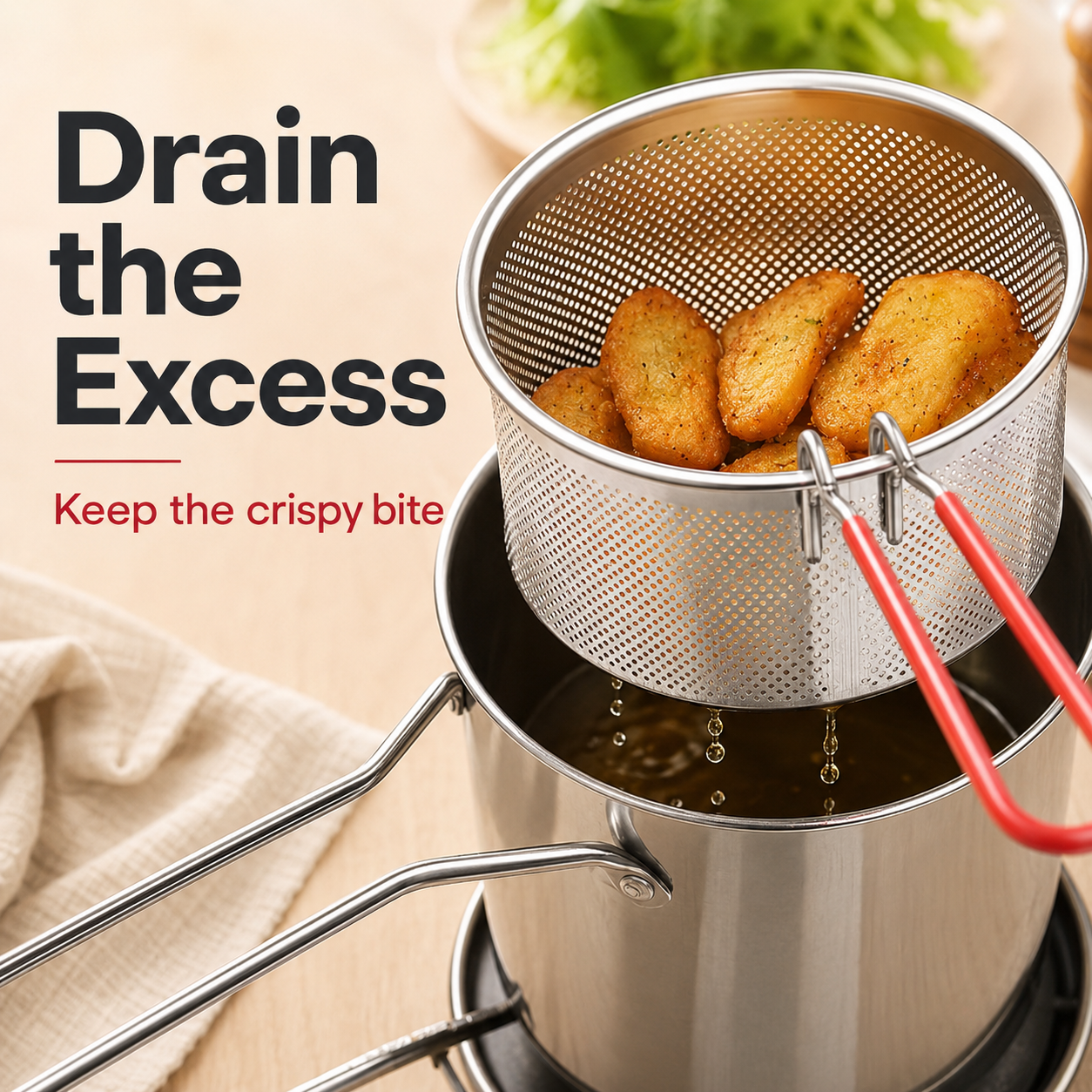 🍟304 stainless steel pot with detachable drain basket and food tongs