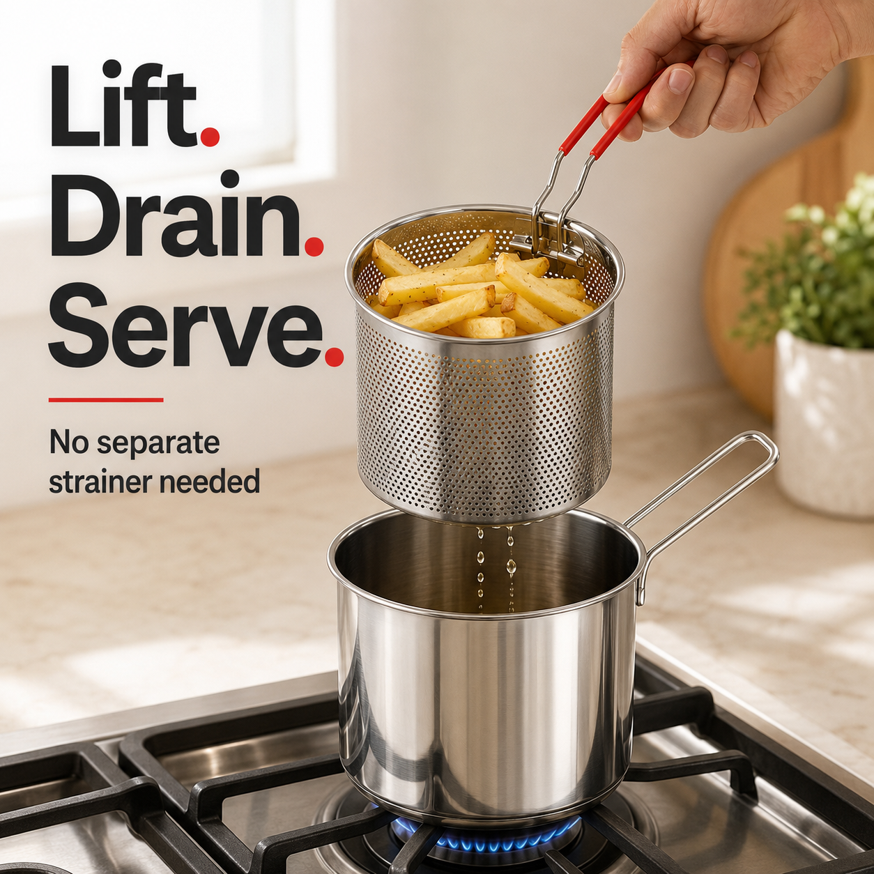 🍟304 stainless steel pot with detachable drain basket and food tongs