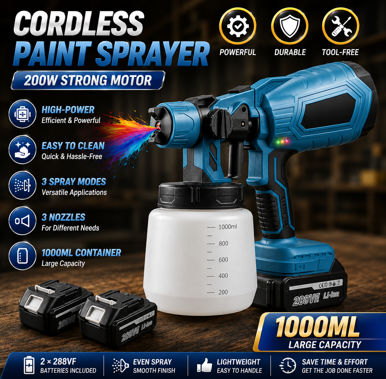 🎨 Cordless Electric Paint Sprayer – 1000ML High-Power Spray Gun with Battery