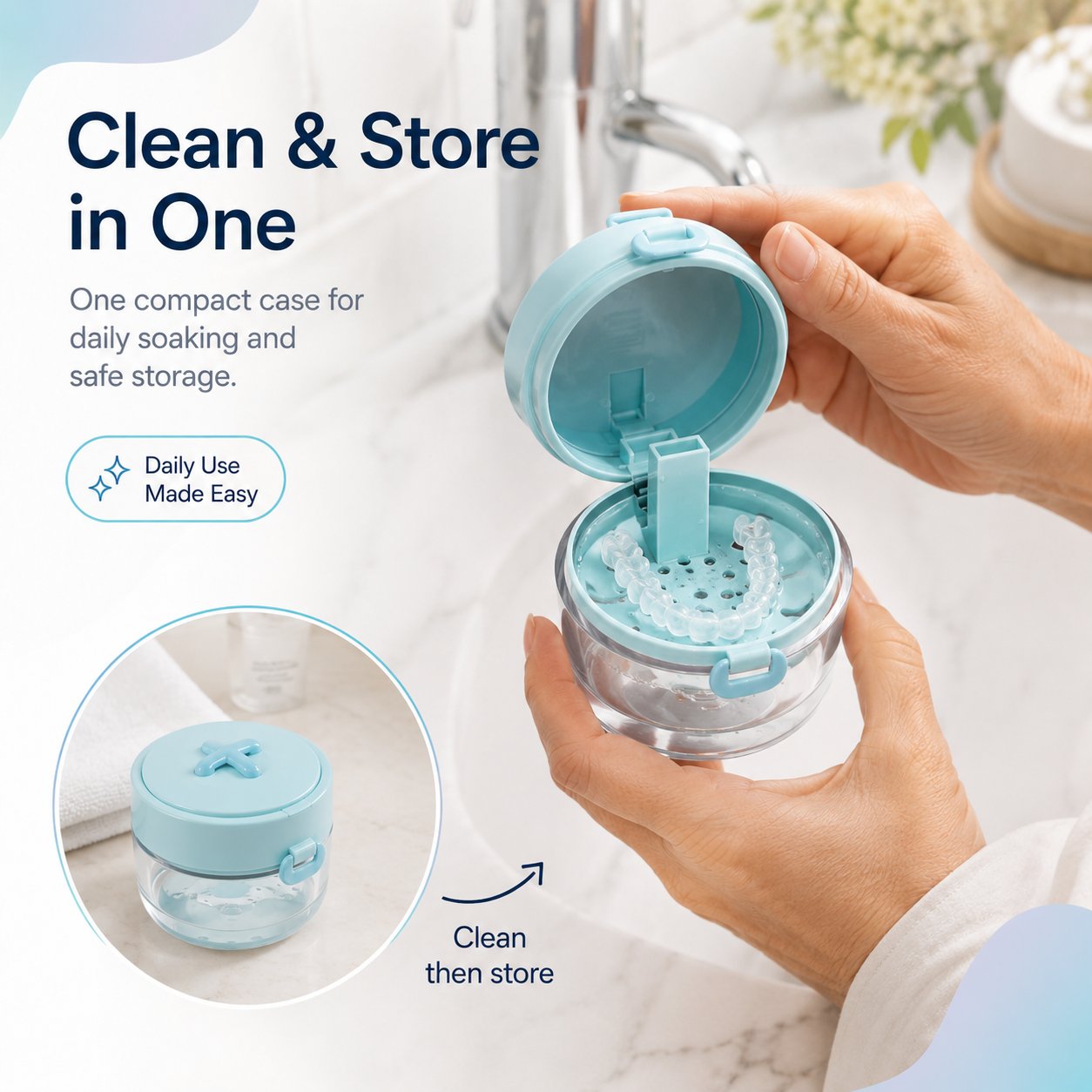 💧 2-in-1 Retainer & Denture Cleaning Case with Magnetic Lift Tray