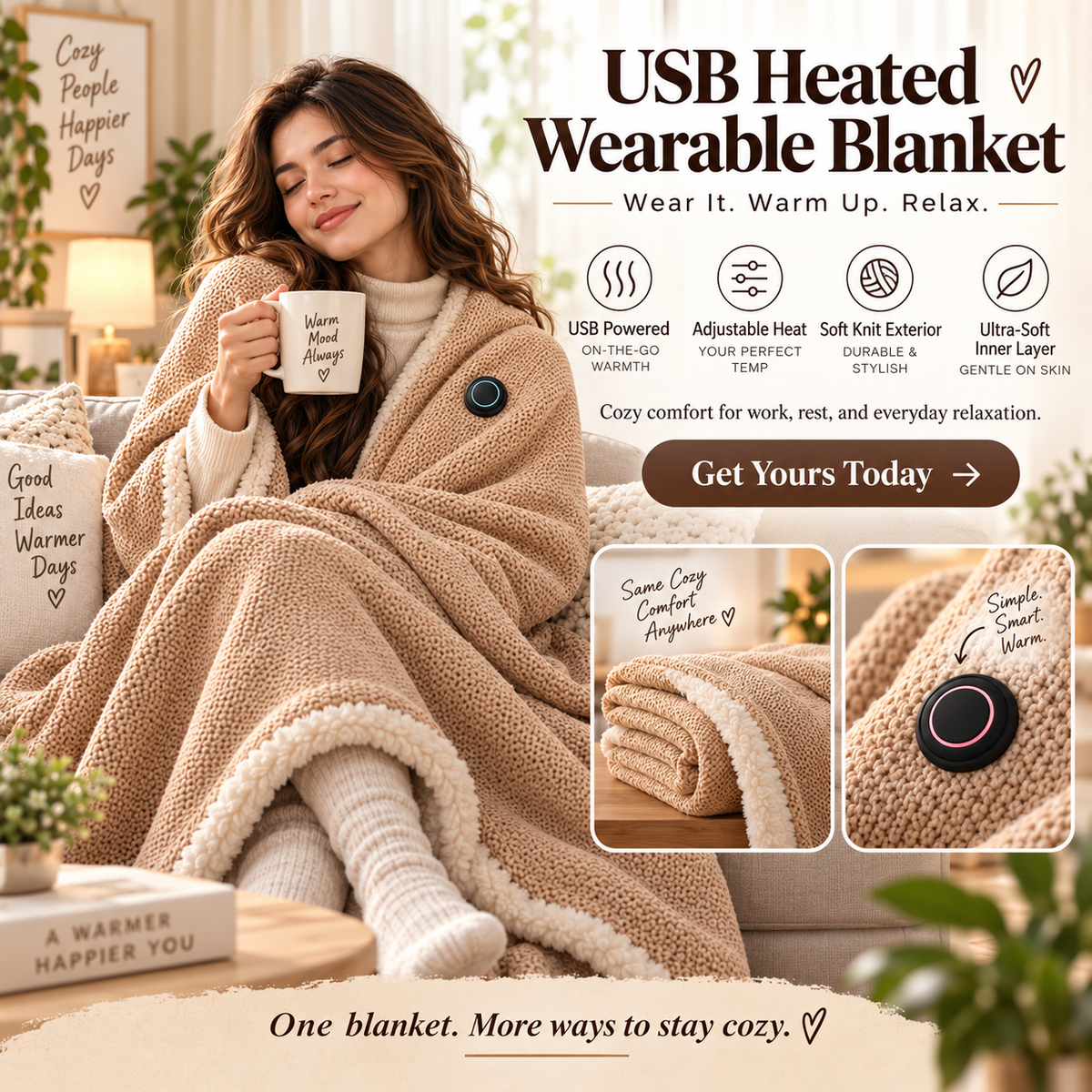 USB Heated Wearable Blanket – 3 Heat Settings & Soft Double-Sided Comfort