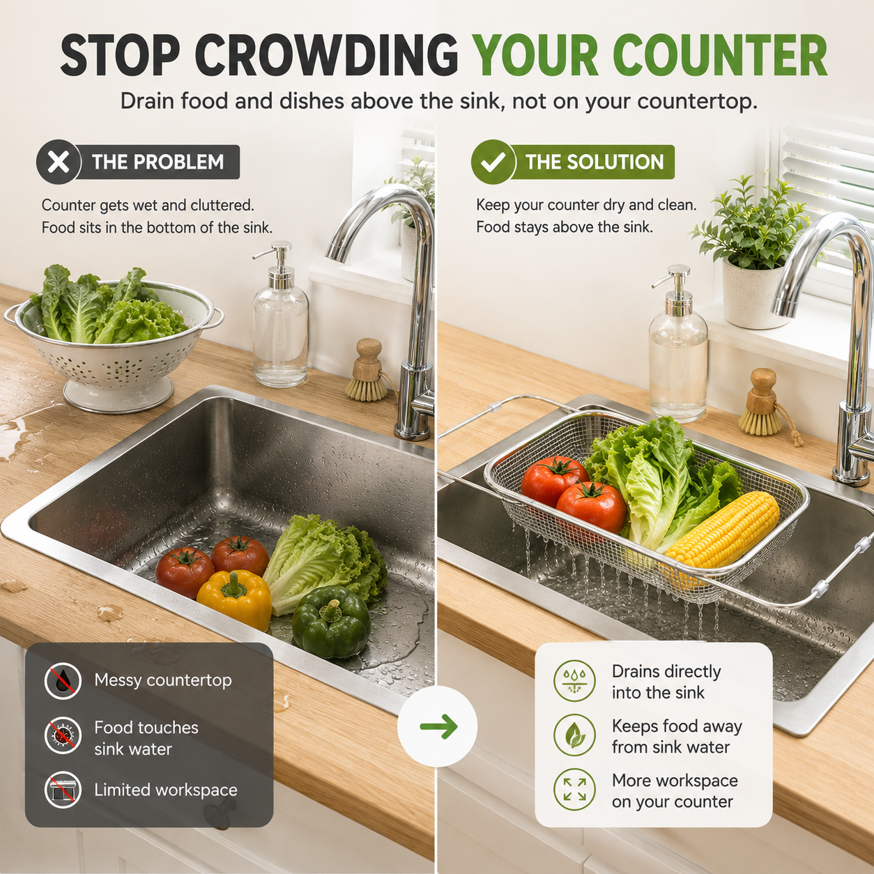 304 Expandable Over-the-Sink Colander Basket – Wash, Drain & Dry with Ease