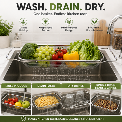 304 Expandable Over-the-Sink Colander Basket – Wash, Drain & Dry with Ease