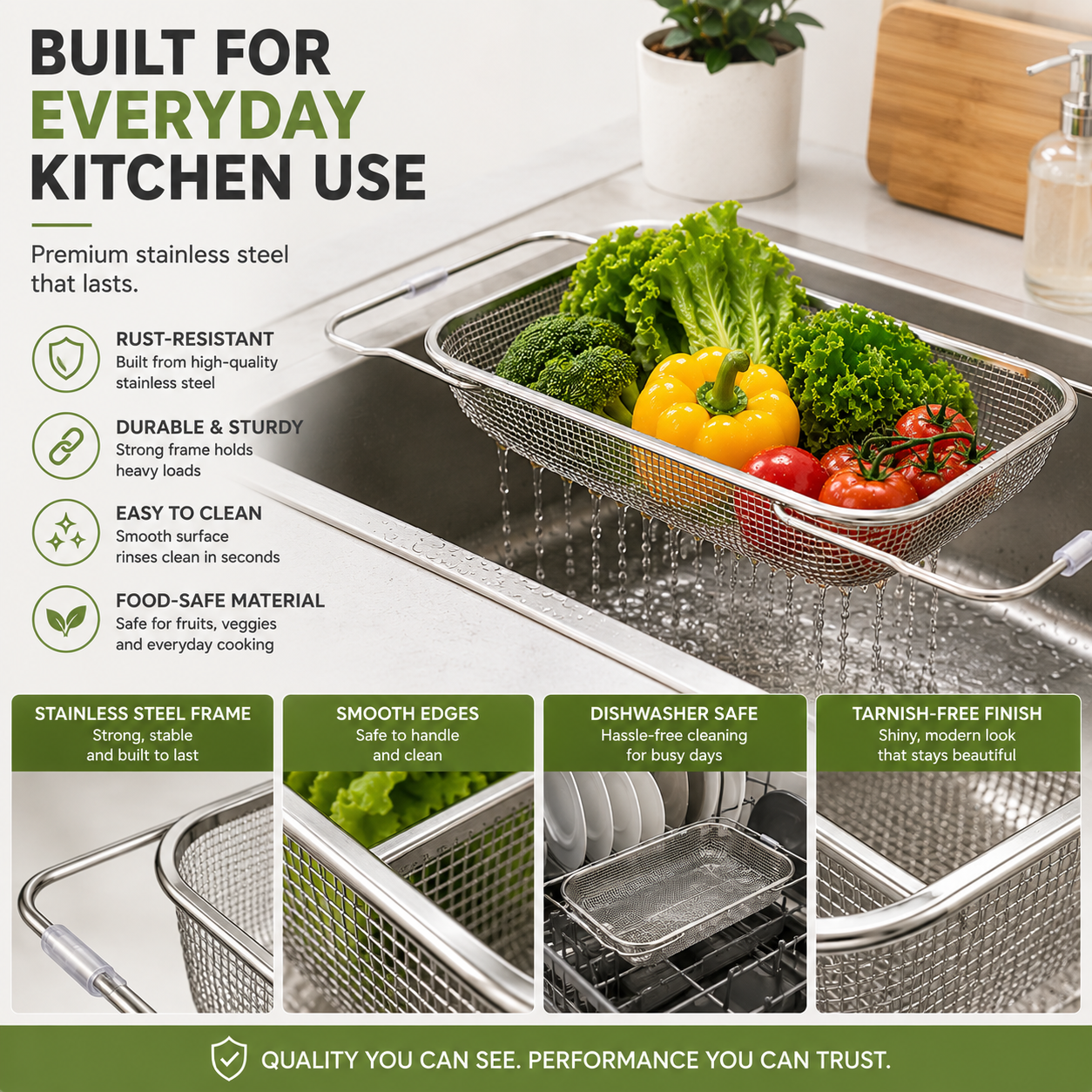 304 Expandable Over-the-Sink Colander Basket – Wash, Drain & Dry with Ease
