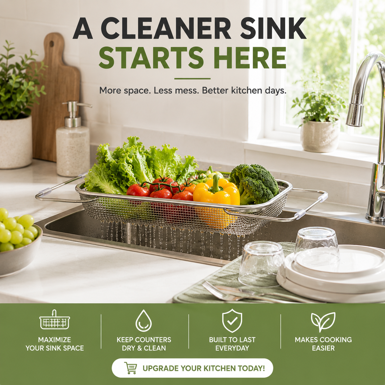 304 Expandable Over-the-Sink Colander Basket – Wash, Drain & Dry with Ease