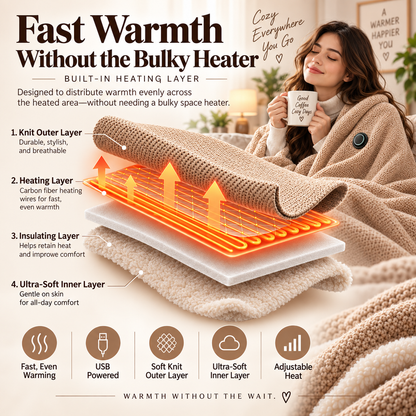 USB Heated Wearable Blanket – 3 Heat Settings & Soft Double-Sided Comfort