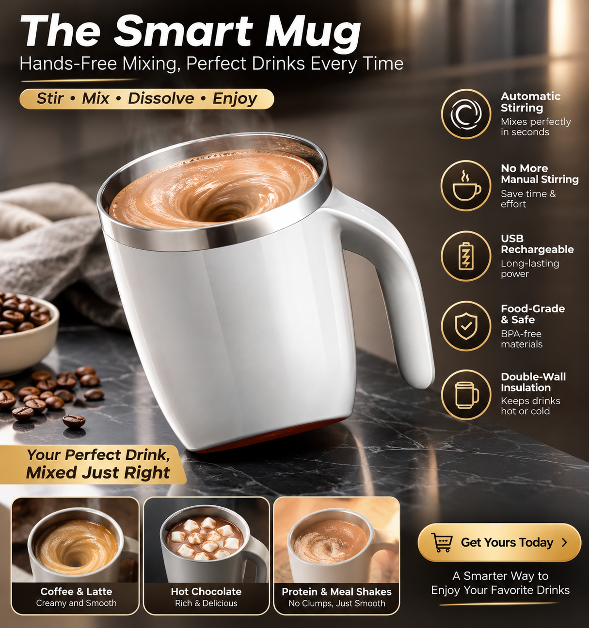 Automatic Mixing Cup Electric Rotating Coffee Cup Stainless Steel Mug Milk Shake Rotating Magnetic Mug Water Cups
