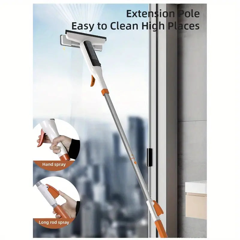 3-in-1 Glass Cleaning Kit with Spray, Wash and Scraper - Great for tall windows, shower doors and car windshields - Durable metal pole, includes silicone scraper