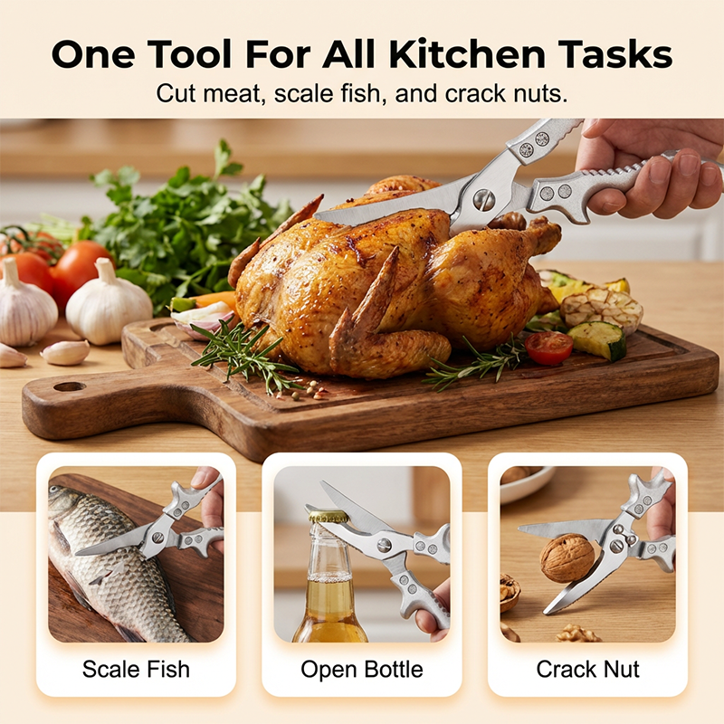 ✂️ 5-in-1 Kitchen Shears – Cut, Crack, Open & Scale With One Powerful Tool
