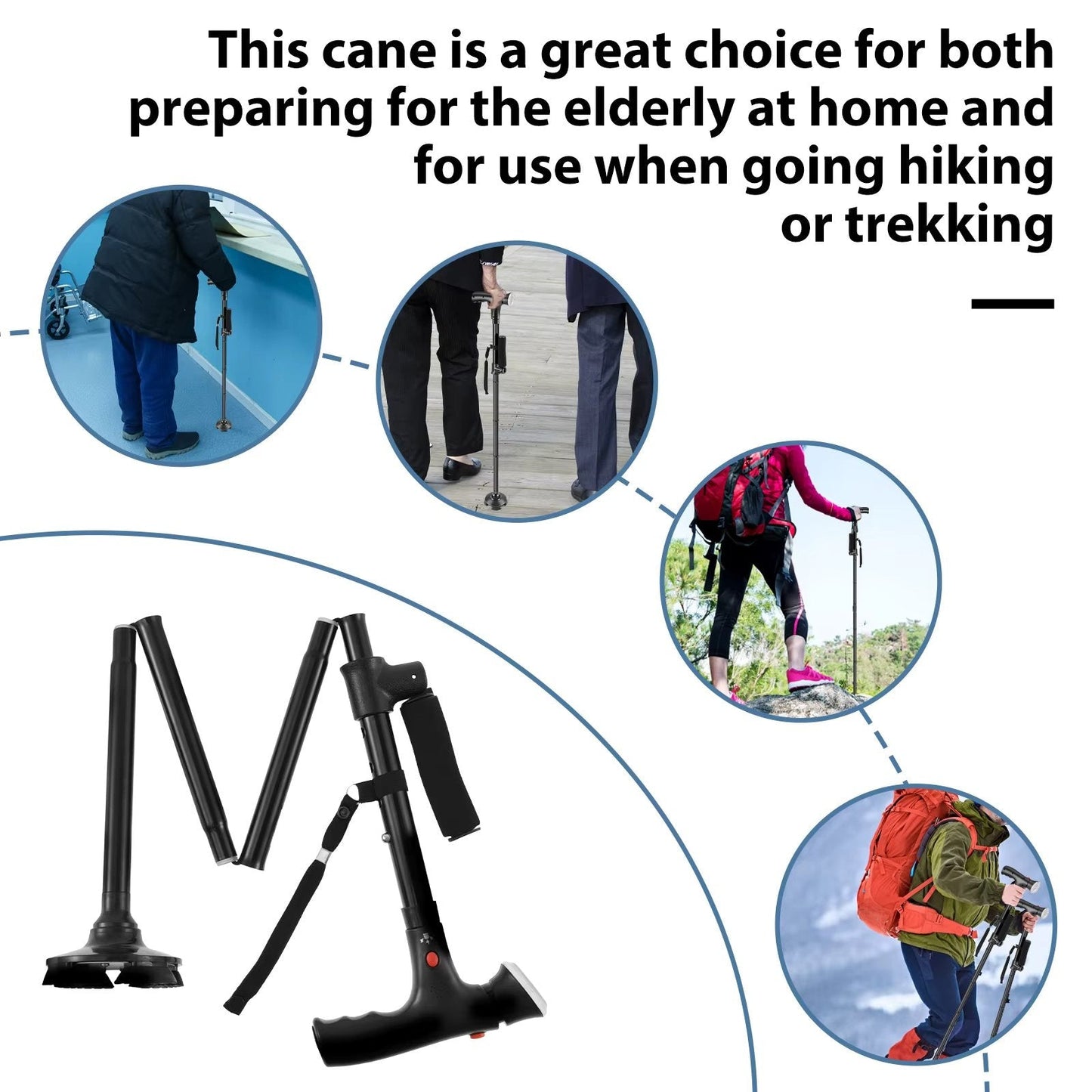 Multifunctional Folding Elderly Cane – Adjustable height, ergonomic grip